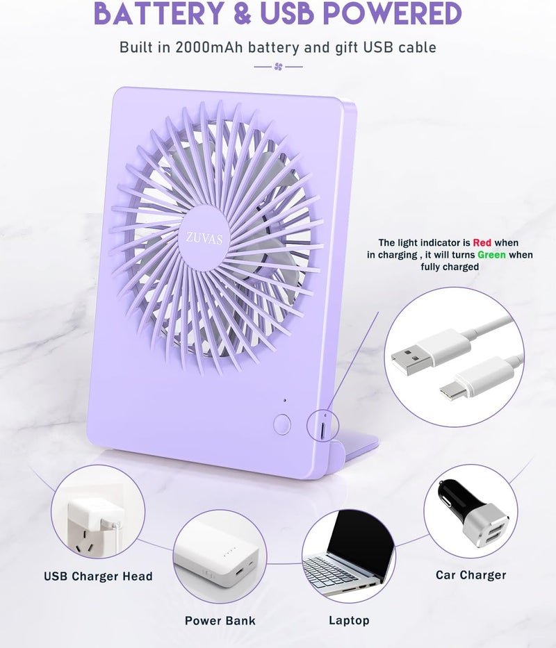 Zuvas Desk Fan Battery Operated Fan Rechargeable 180°Tilt Folding Personal Fan Ultra Quiet Small Portable 3 Speed Adjustable Strong Wind Fan For Office Bedroom Home Desktop Camping (Light Purple) - Image 4